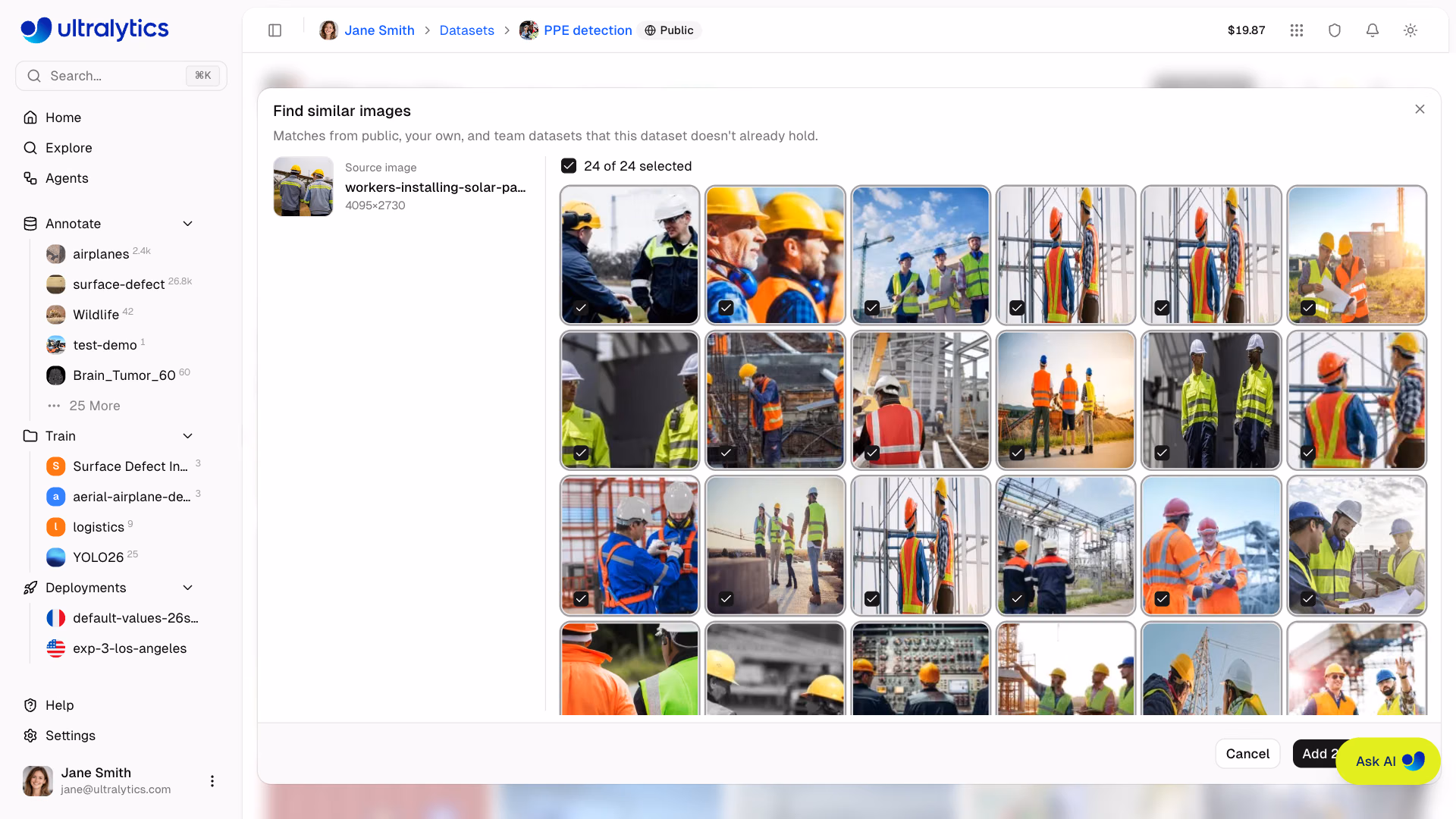 Ultralytics Platform Datasets Find Similar Images Dialog
