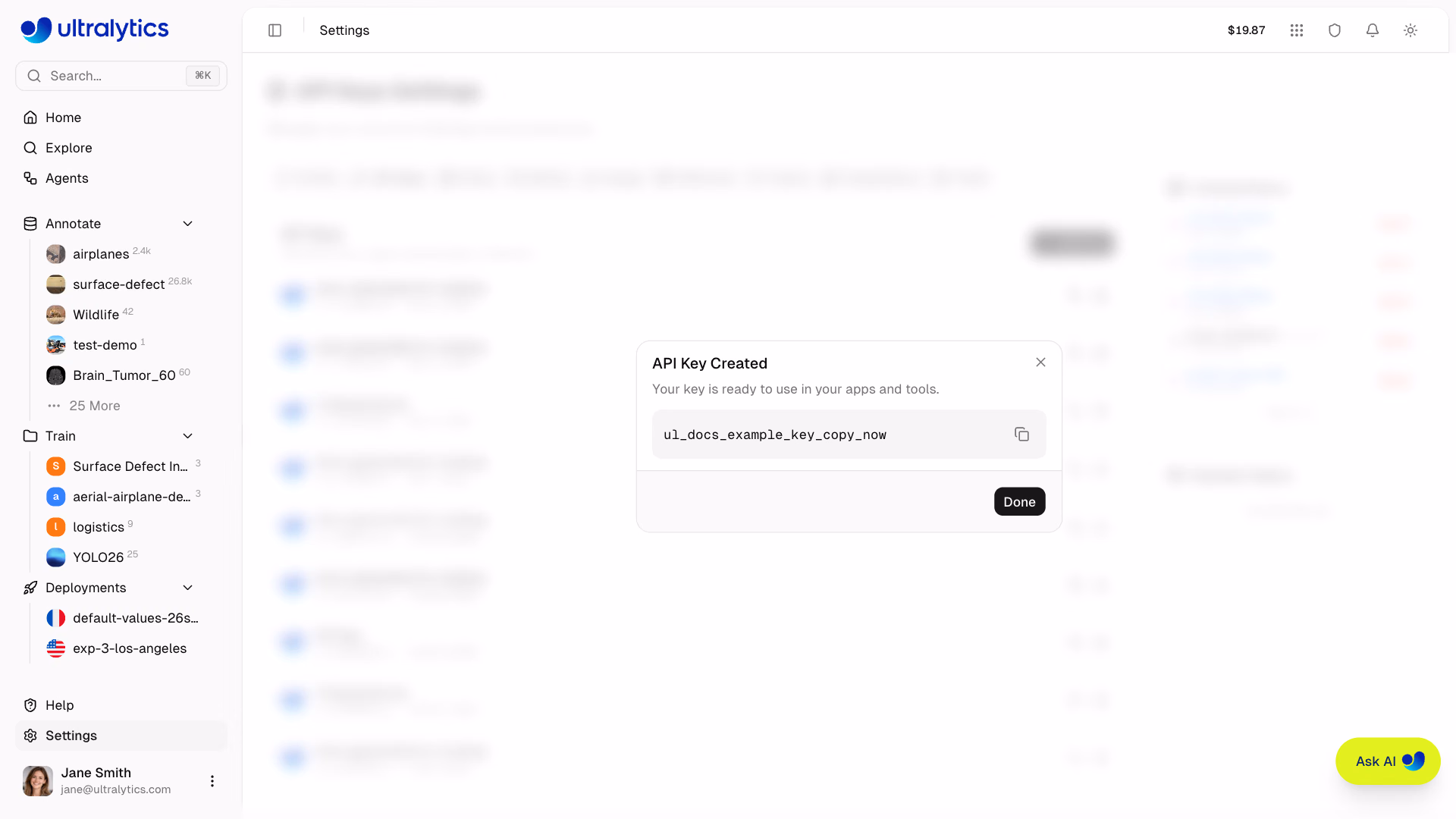 Ultralytics Platform Settings API Keys Tab API Key Created Copy Dialog