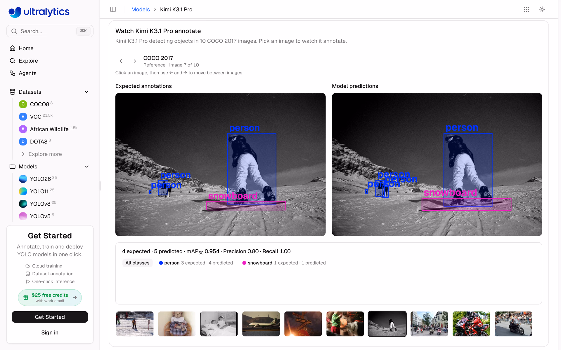 Kimi K3.1 Pro model page on Ultralytics Platform replaying its recorded predictions on a COCO snowboarding photo next to the expected annotations, at 0.954 mAP50
