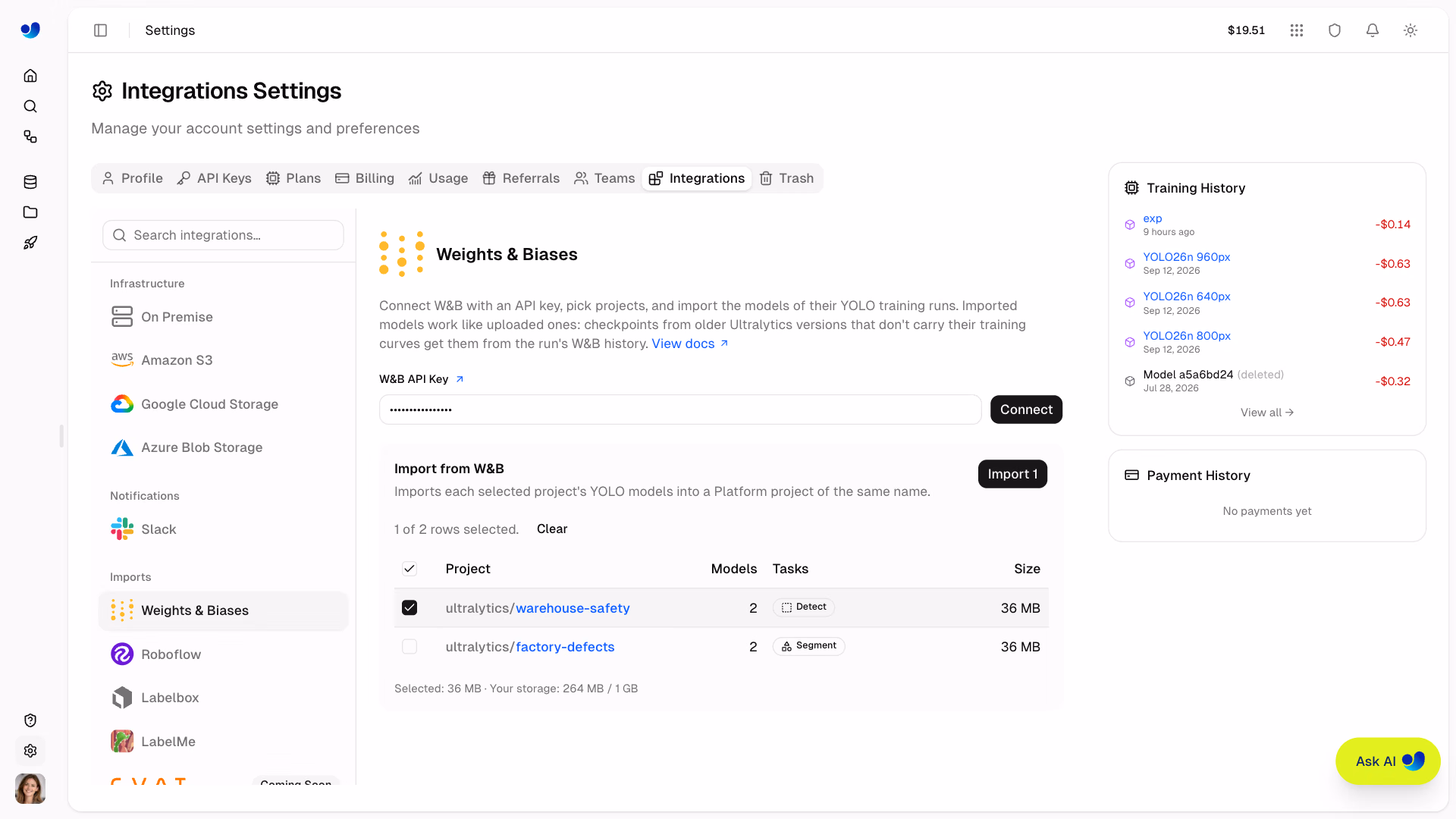 Ultralytics Platform Settings Integrations Weights & Biases Import Preview