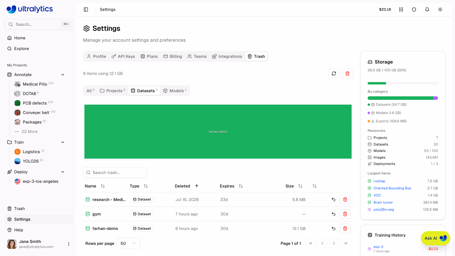 Ultralytics Platform Settings Trash Tab Filter By Type Dropdown