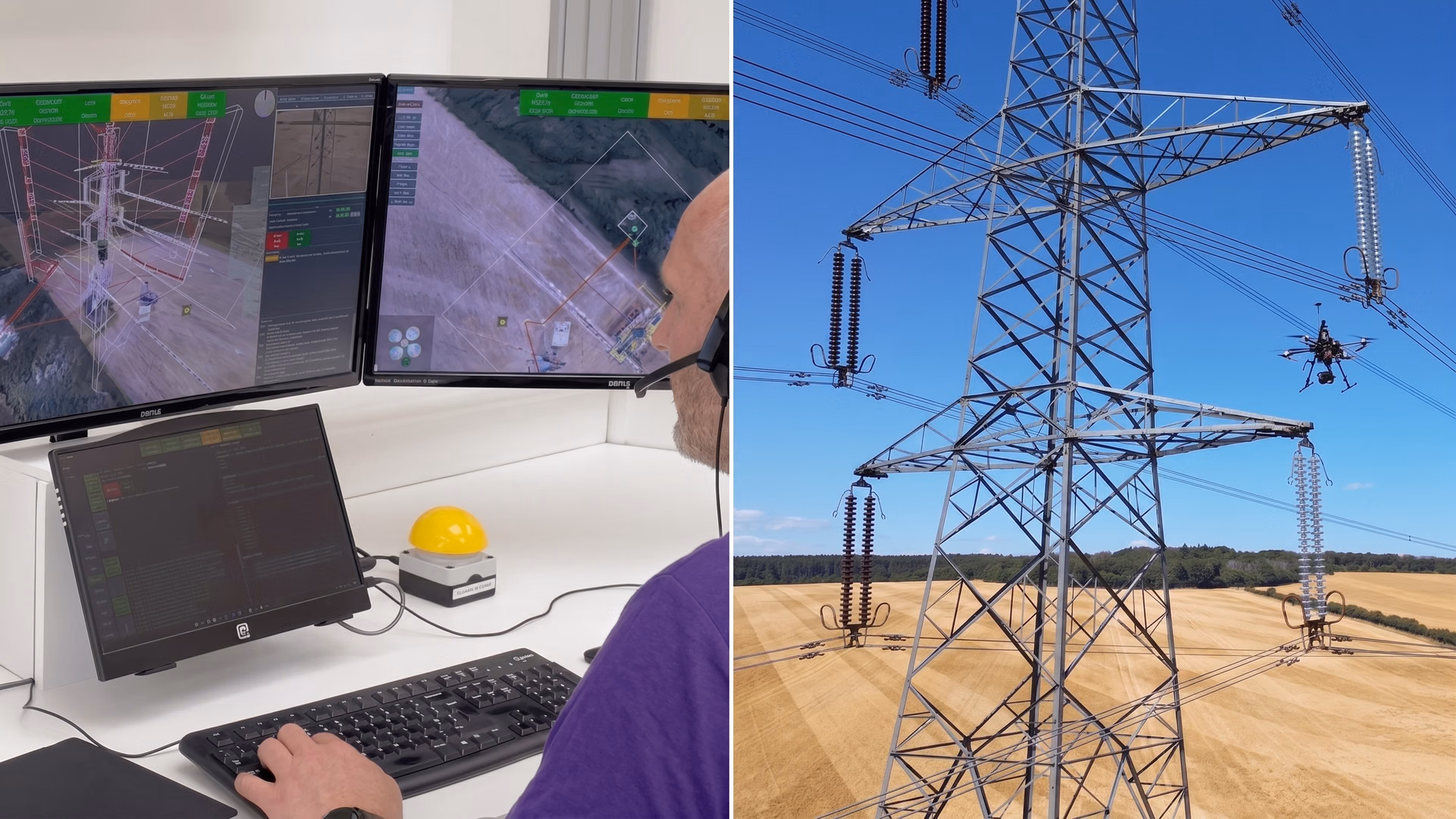 A technician using drones and AI tools to inspect power lines