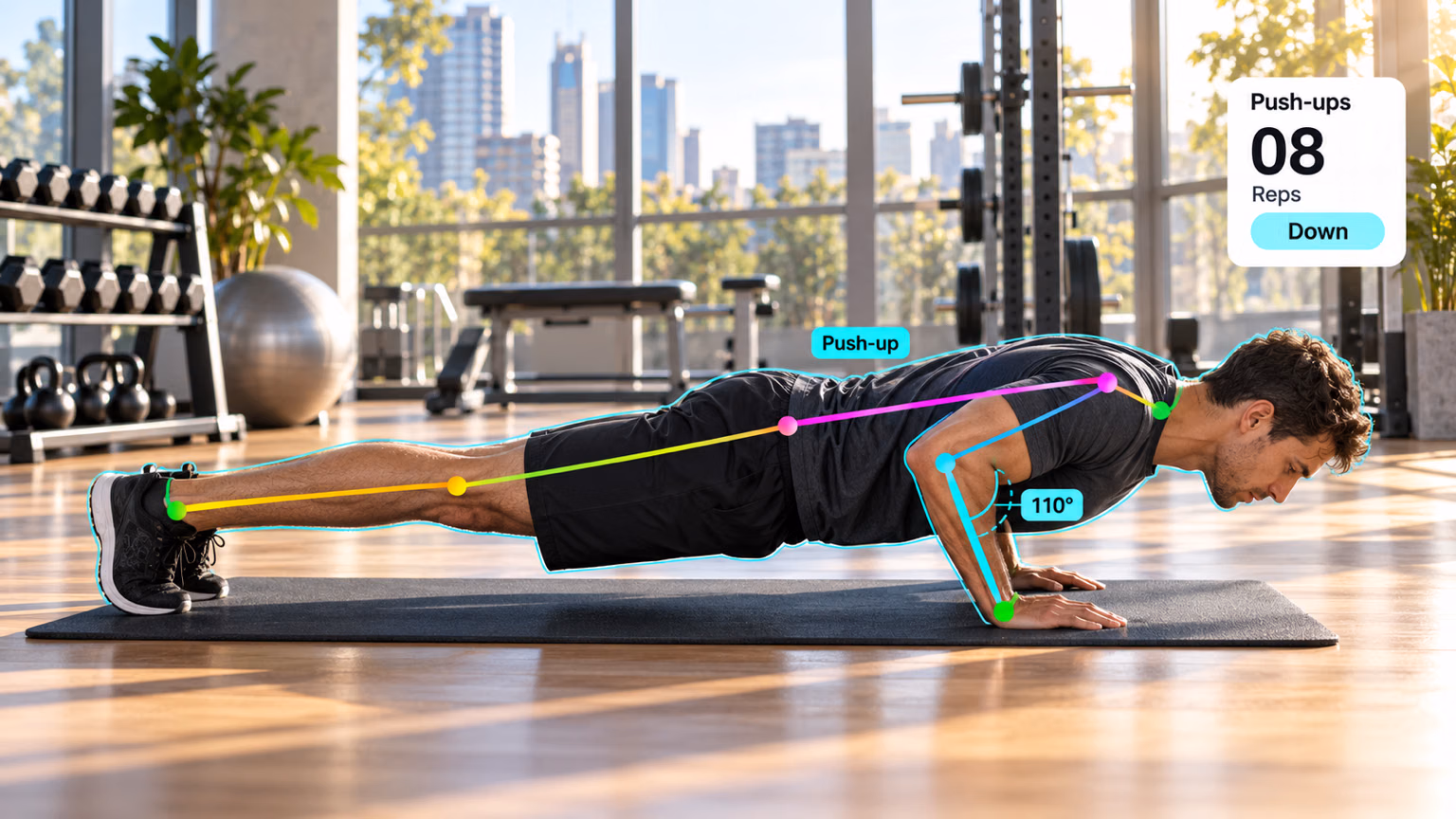 Ultralytics YOLO pose estimation counting push-ups, with the body skeleton, a 110-degree elbow angle, and a rep counter
