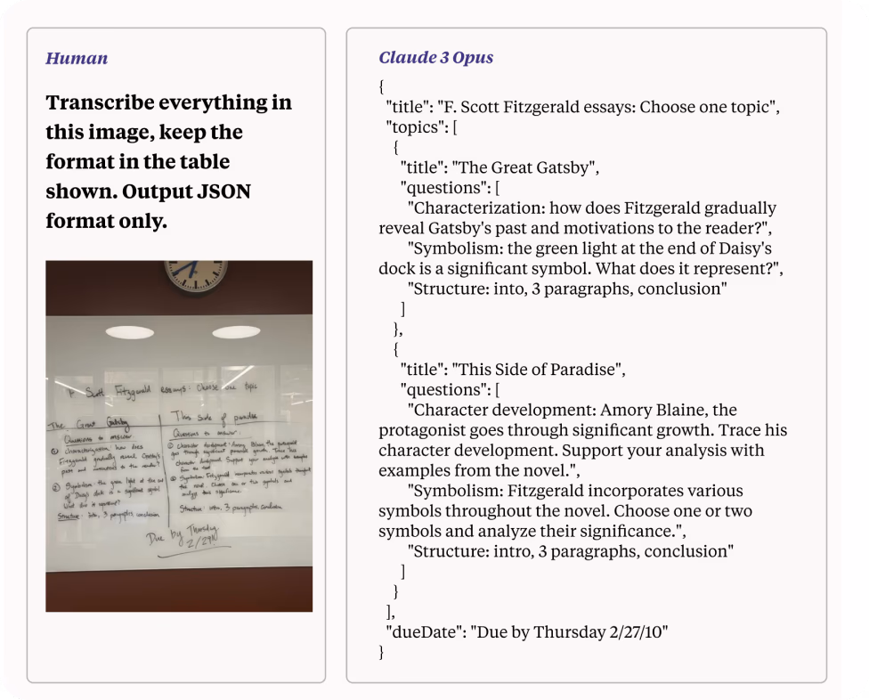 Claude 3 Opus convertissant une photo de basse qualité avec une écriture manuscrite difficile à lire en texte