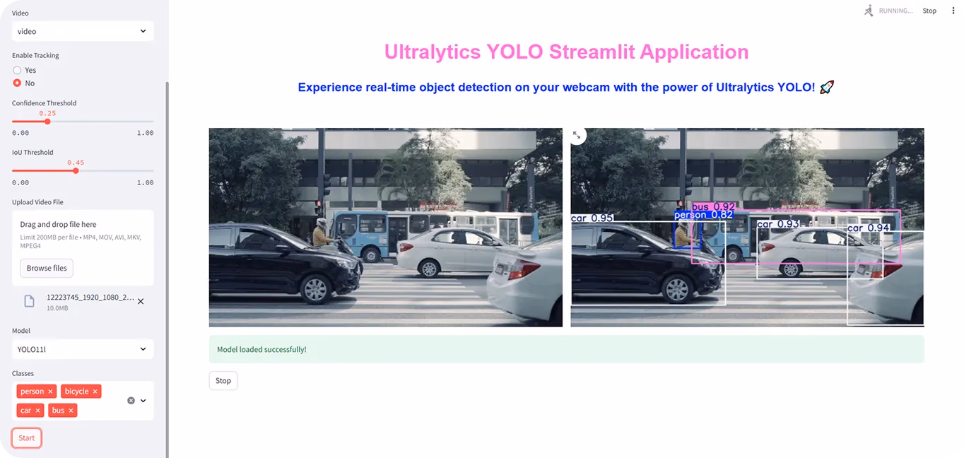 Ultralytics YOLO Streamlitアプリケーションのインターフェース