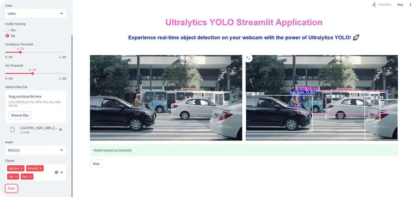 واجهة تطبيق Ultralytics YOLO عبر Streamlit