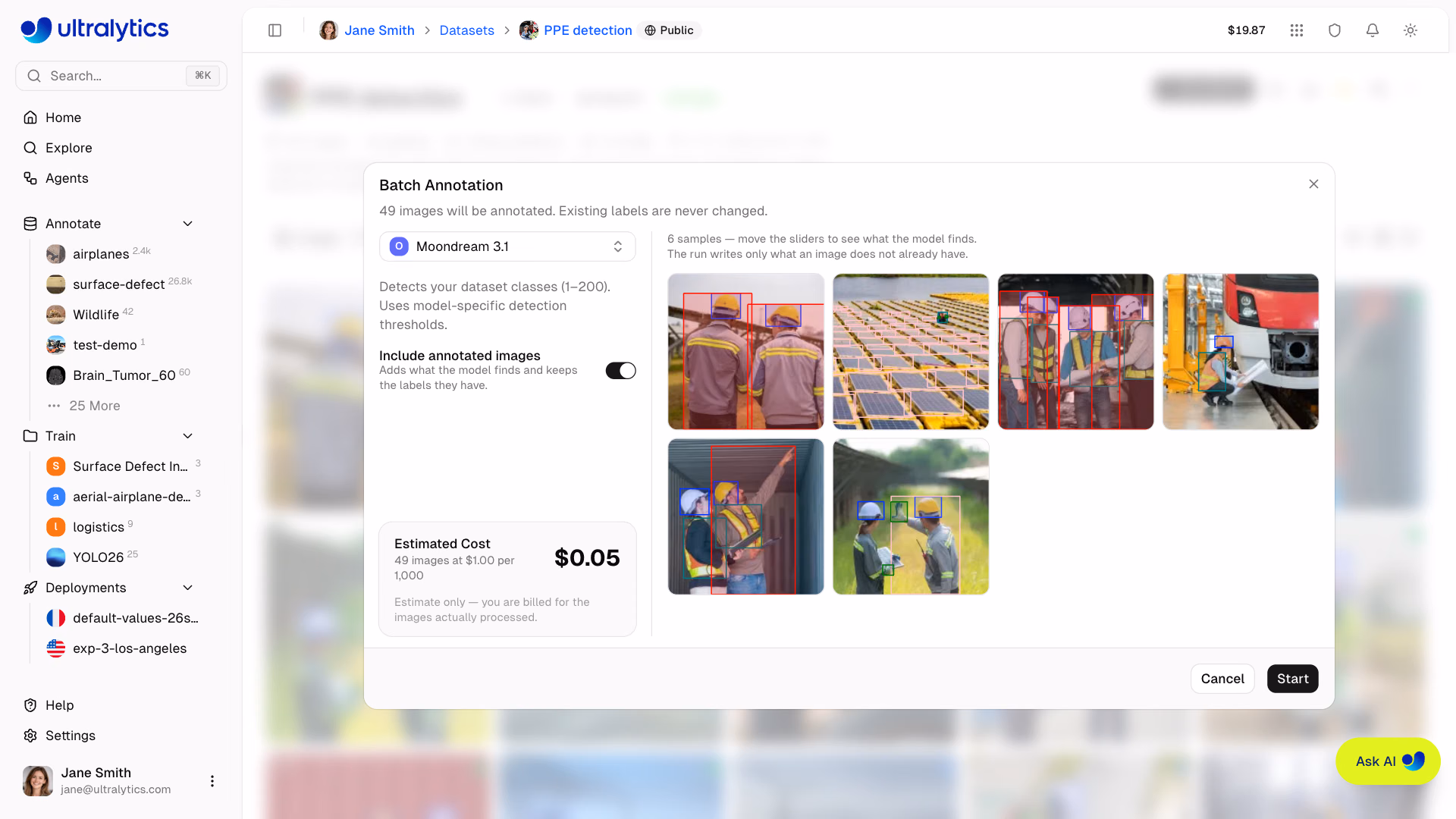 Ultralytics Platform Datasets Batch Annotation Dialog Sample Previews