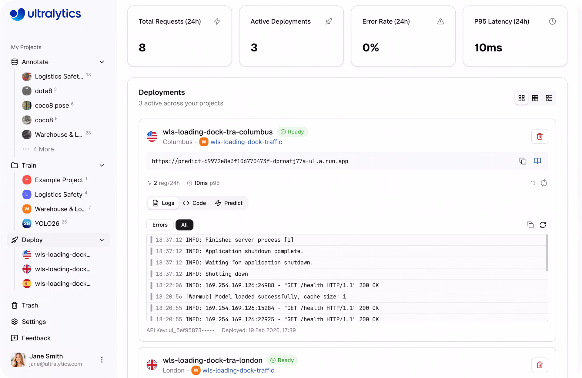 The deployment page within Ultralytics Platform