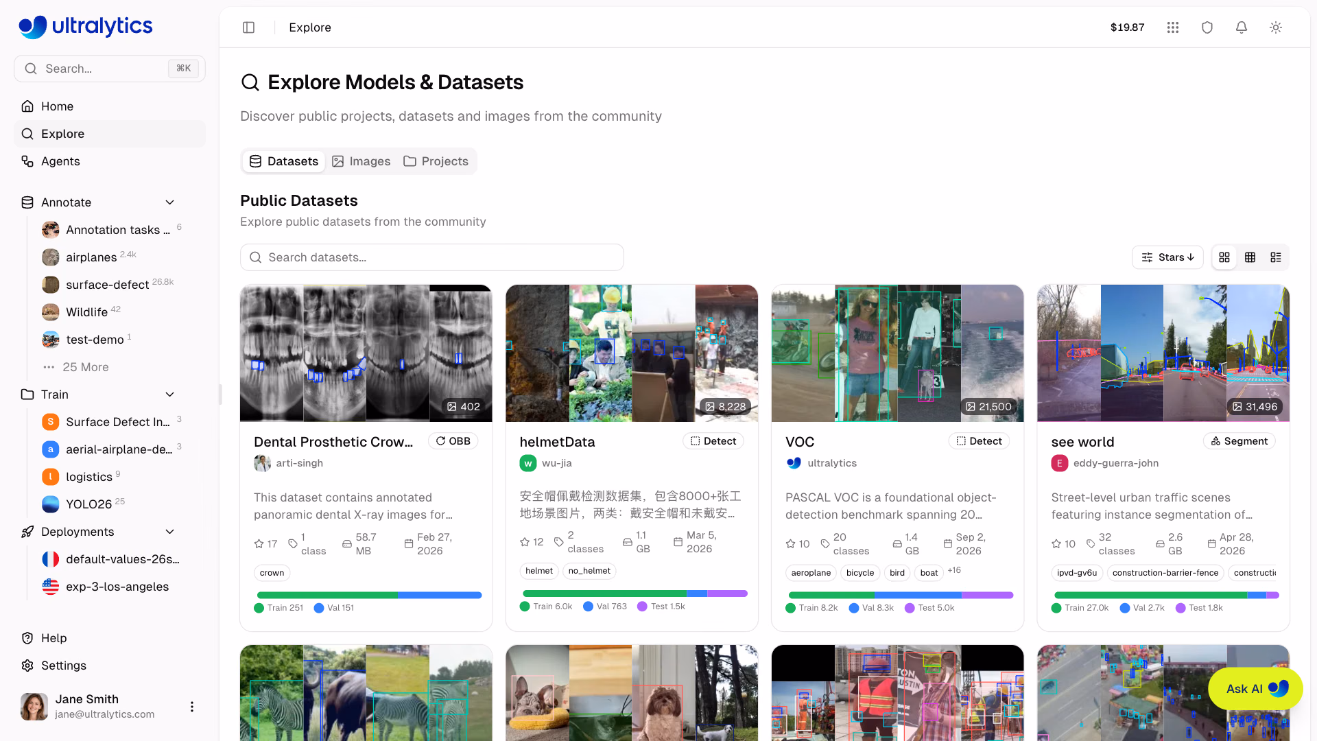 Ultralytics Platform 탐색 데이터셋 탭 카드 보기
