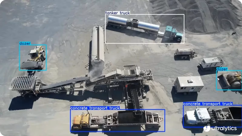 Un dron equipado con YOLO11 detectando vehículos y equipamiento en el lugar