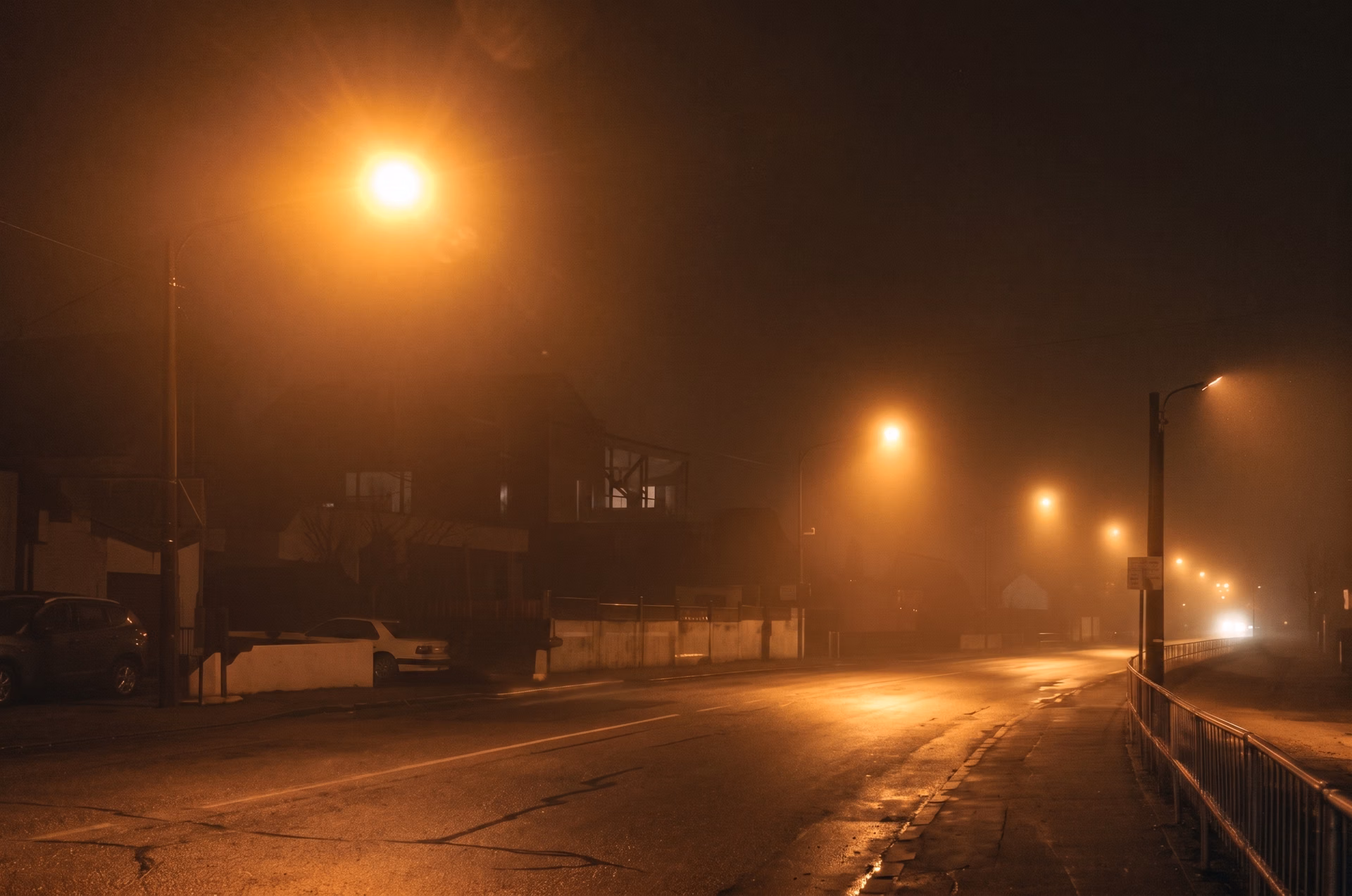 A poorly lit roadway at night