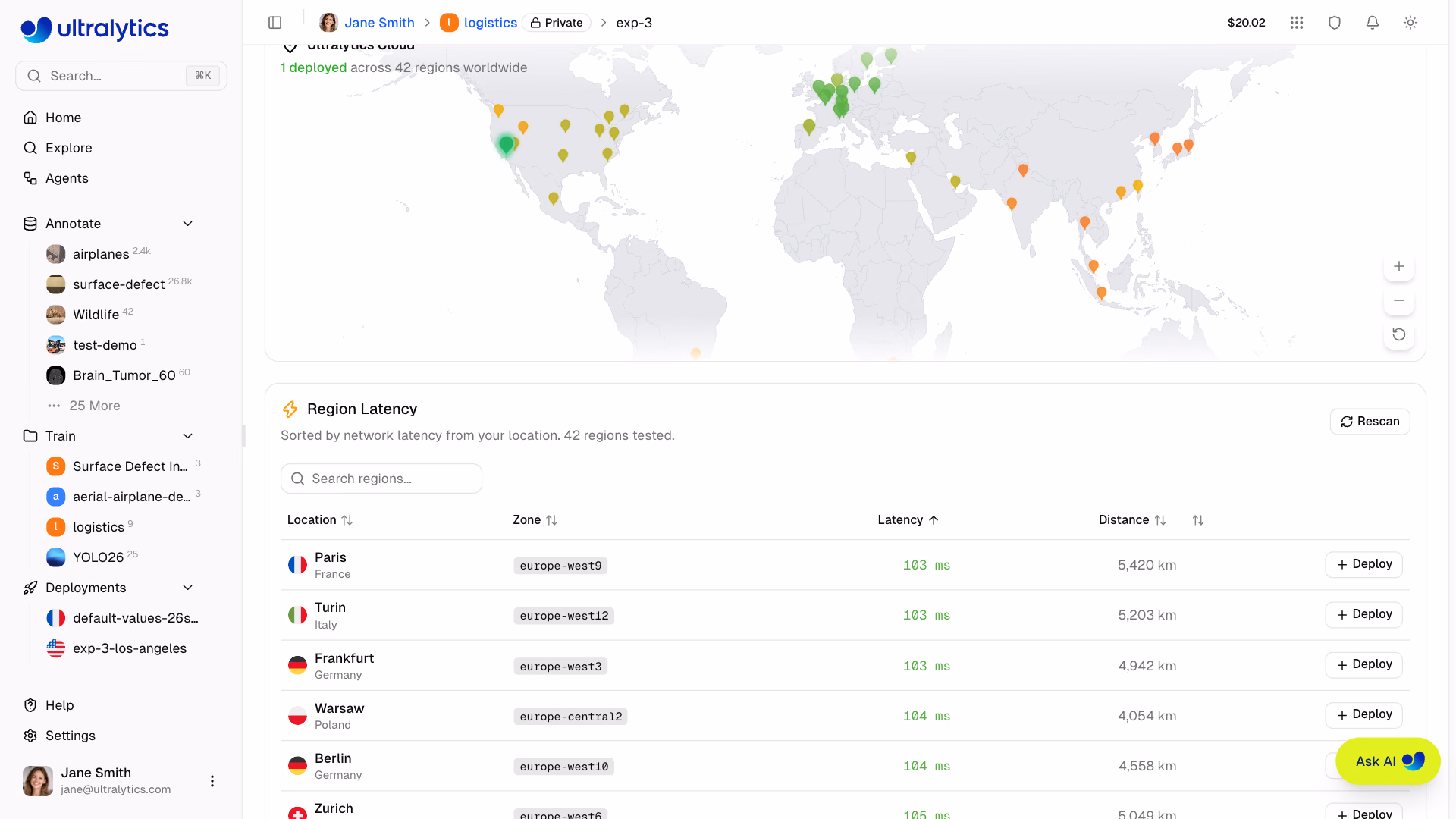 Ultralytics Platform Deploy Tab Region Map With Latency