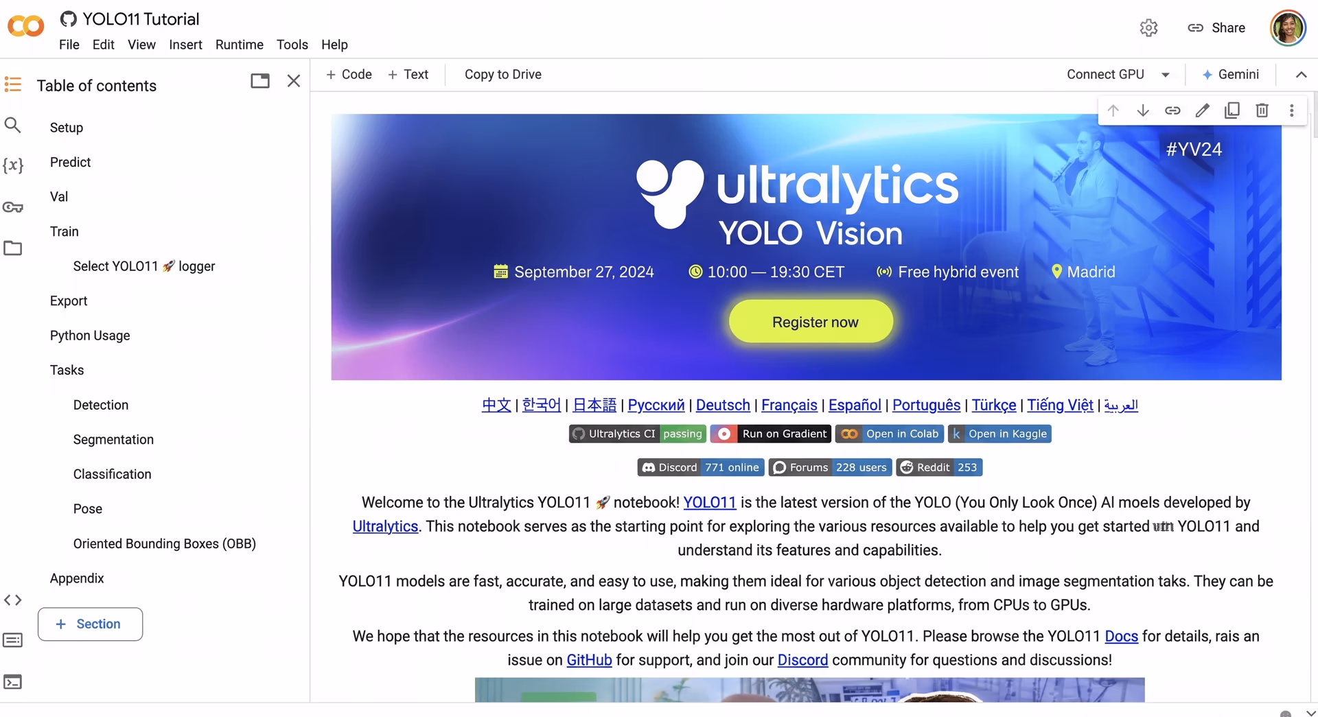 The Google Colab Ultralytics YOLO11 notebook