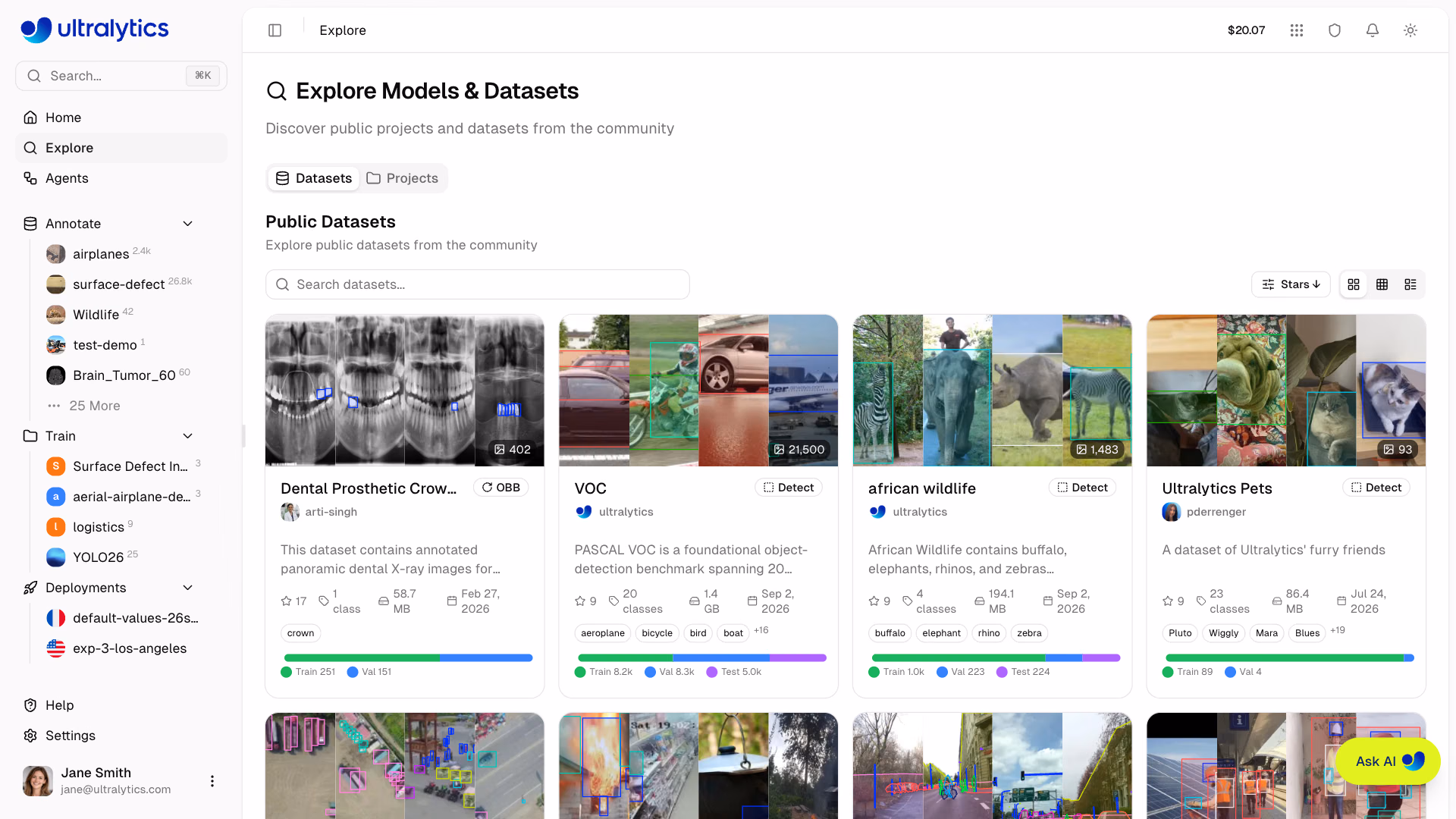 Ultralytics Platform Explore Datasets Tab Cards View
