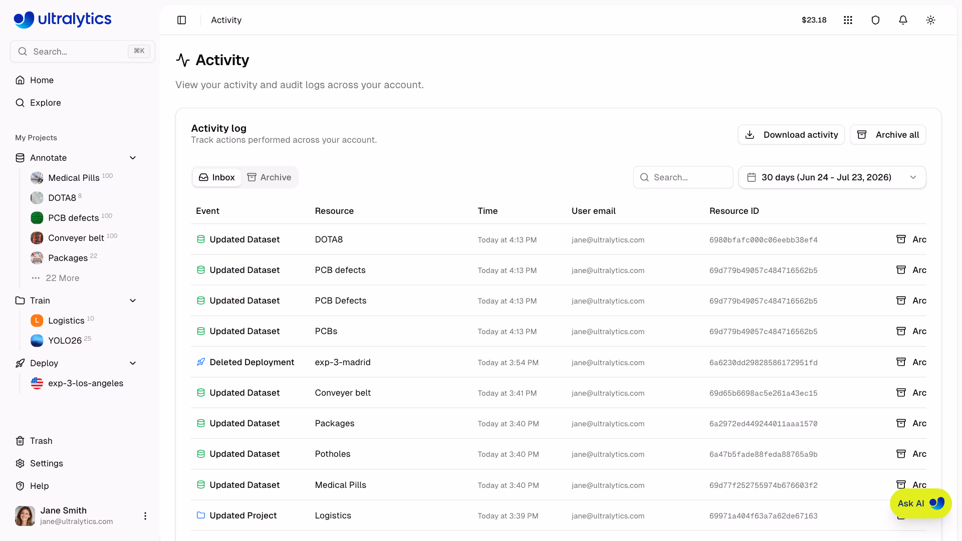 Ultralytics Platform Activity Page Inbox Tab With Event List