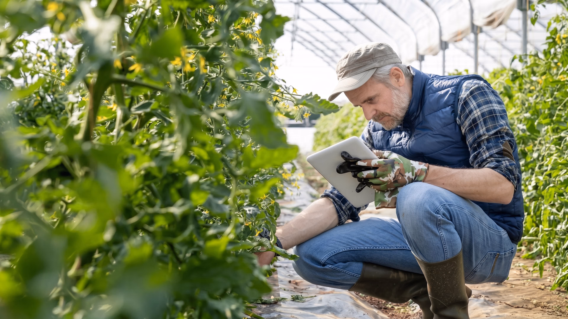 Employee performing quality control on tomato plants