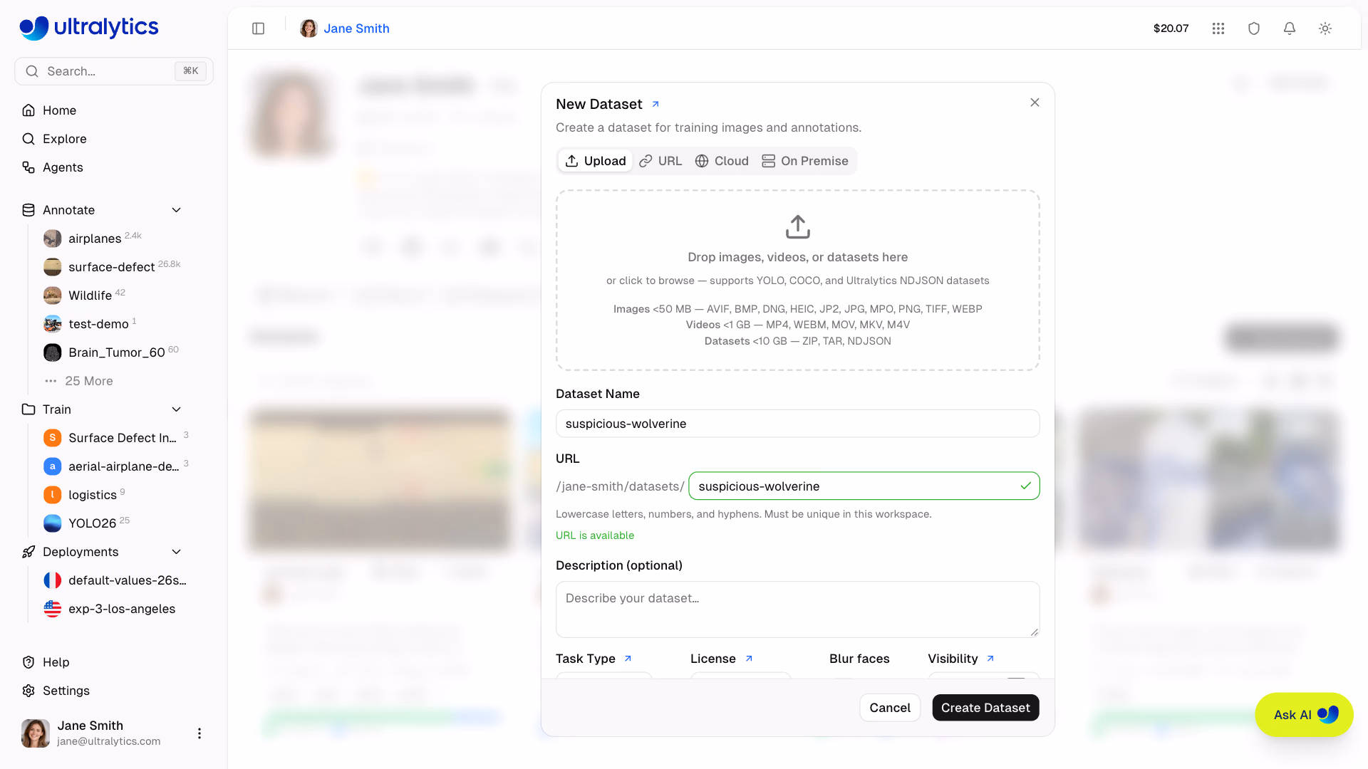 Ultralytics Platform Datasets Upload Dialog Task Selector