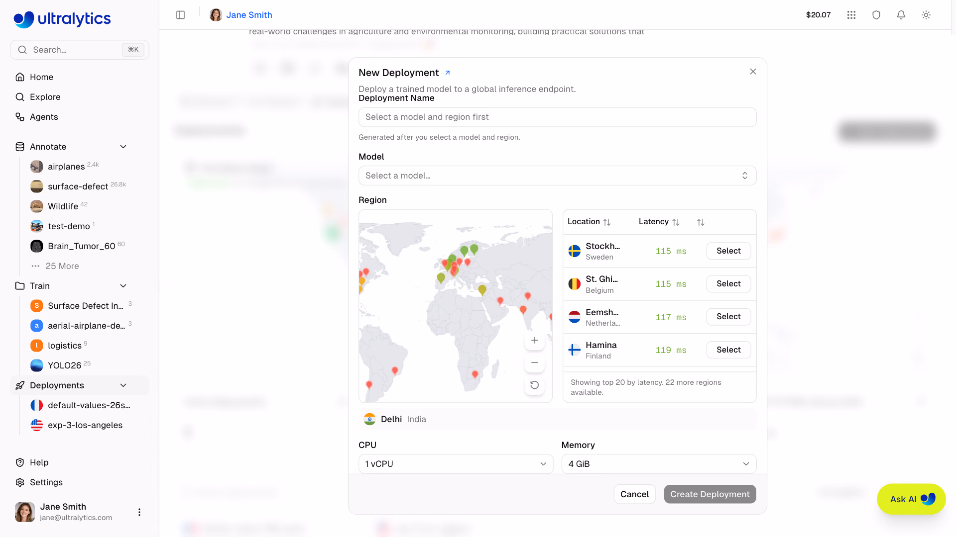 Ultralytics Platform New Deployment Dialog Custom CPU Memory Pricing