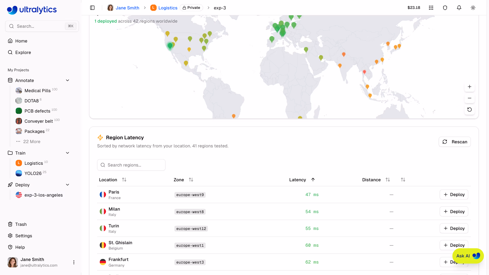 Ultralytics Platform Model Deploy Tab With Region Map And Table