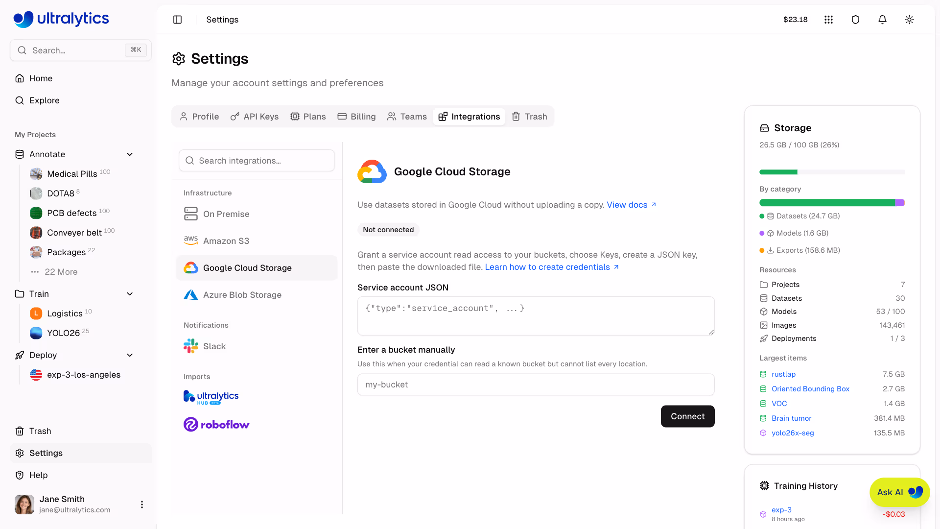 Ultralytics Platform Google Cloud Storage Integration Settings