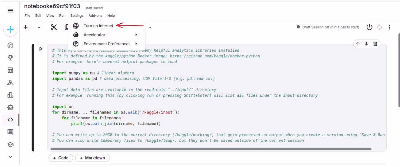 Kaggle Notebook Internet Turn on