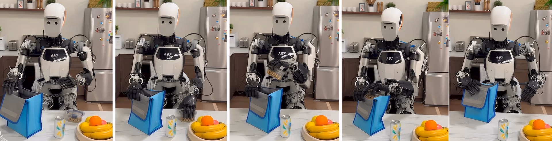 A humanoid robot carefully packing a lunch bag