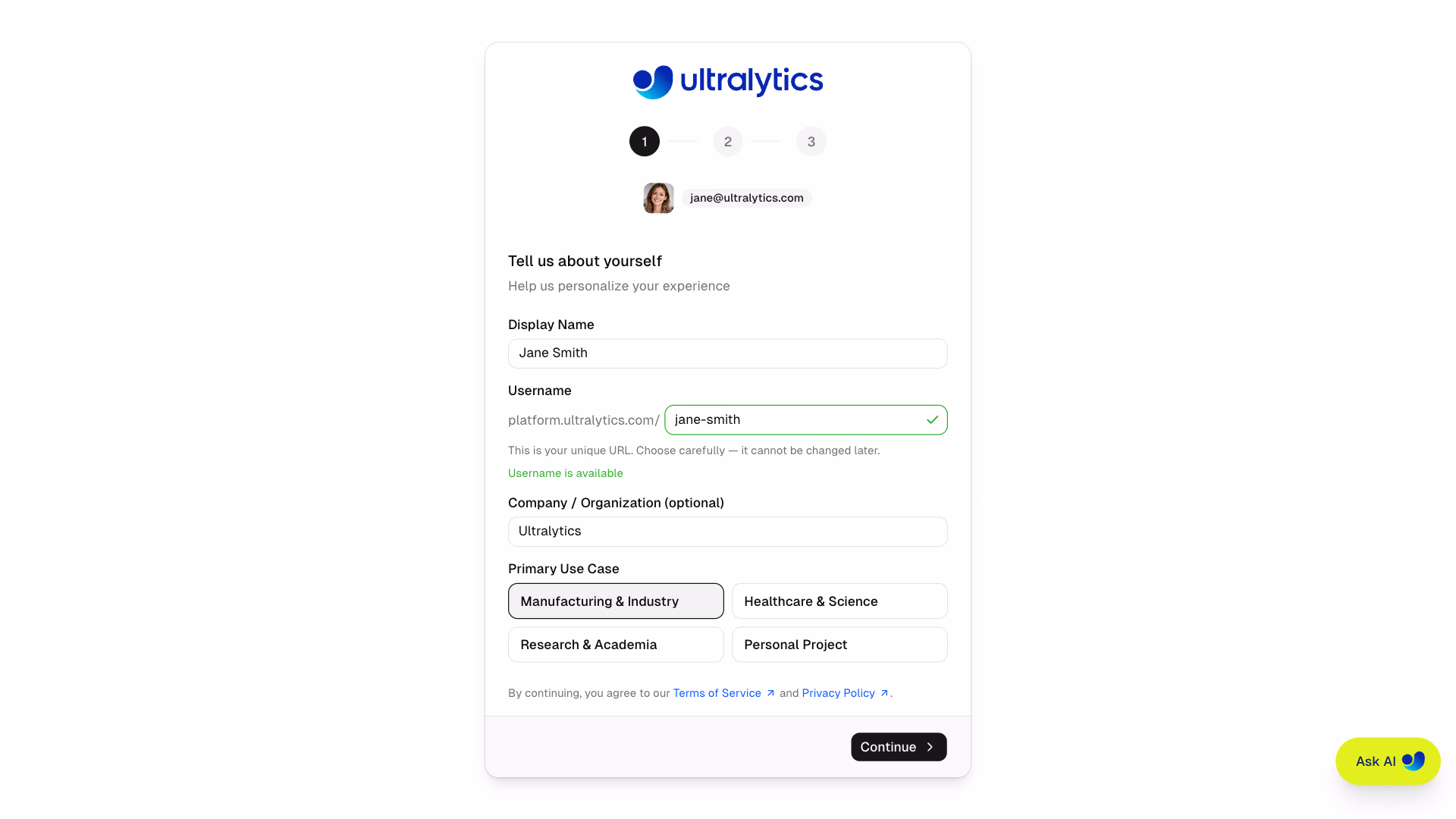 Ultralytics Platform Onboarding Profile With Use Case