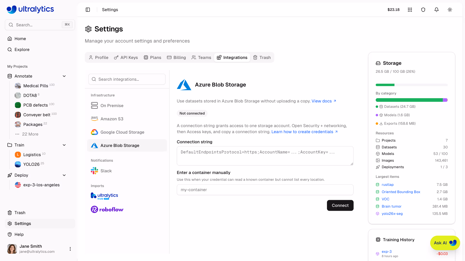 Ultralytics Platform Azure Blob Storage Integration Settings