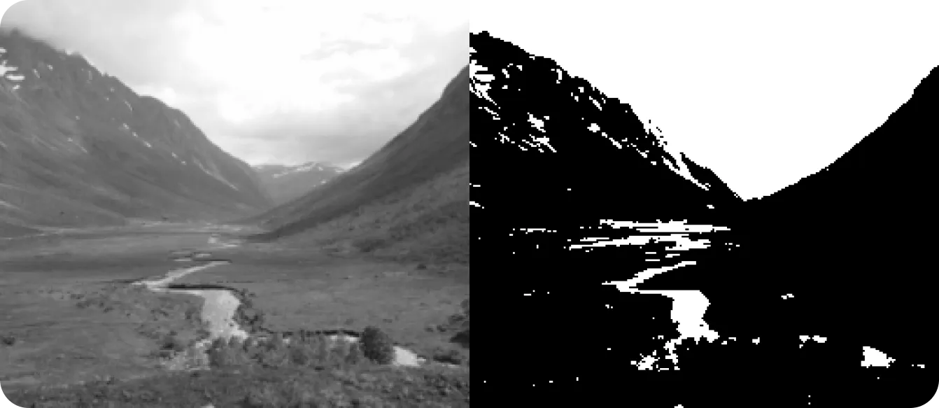 A grayscale image before and after thresholding