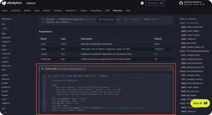 The source code included in the Reference pages