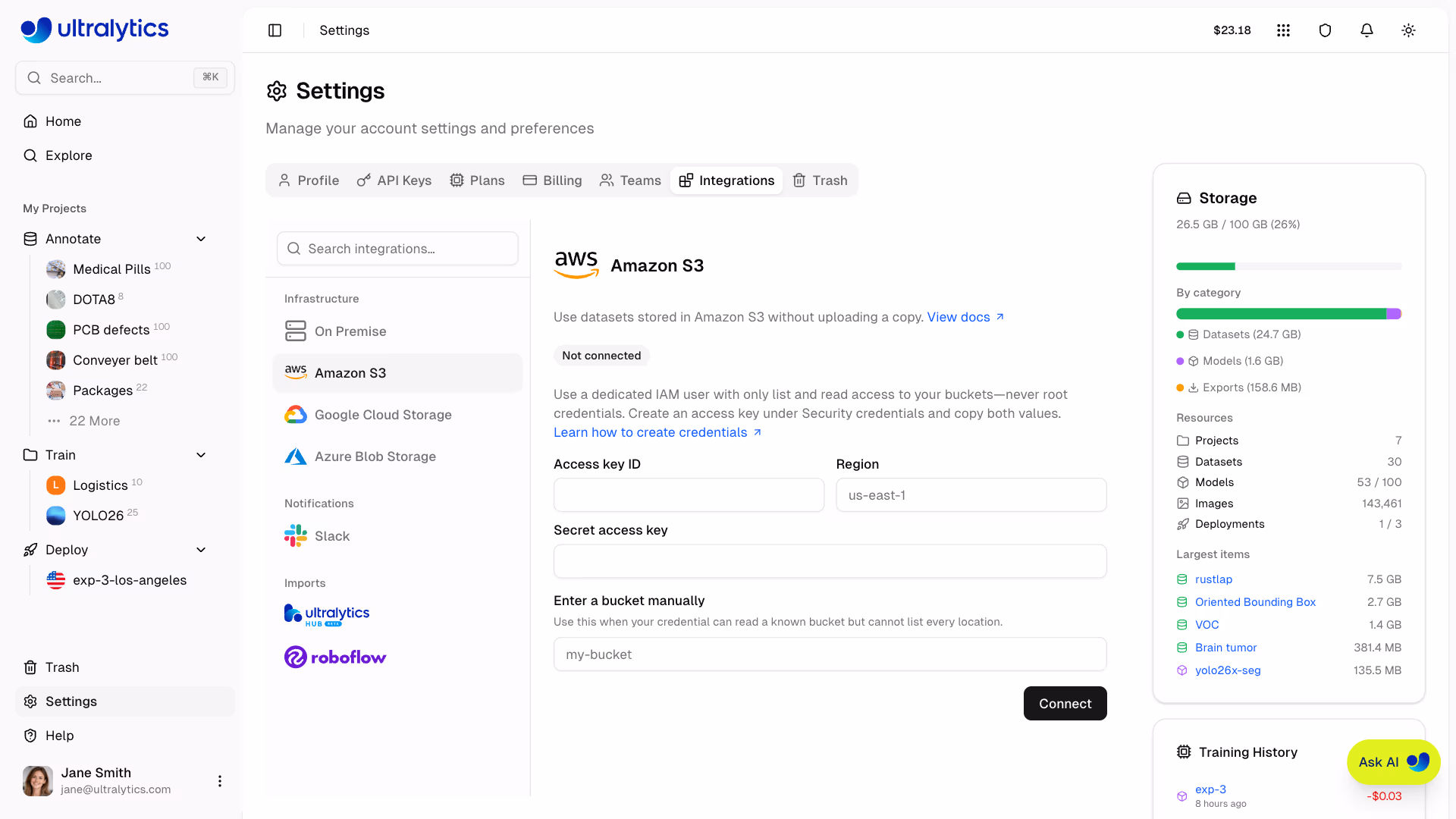 Ultralytics Platform Amazon S3 Integration Settings