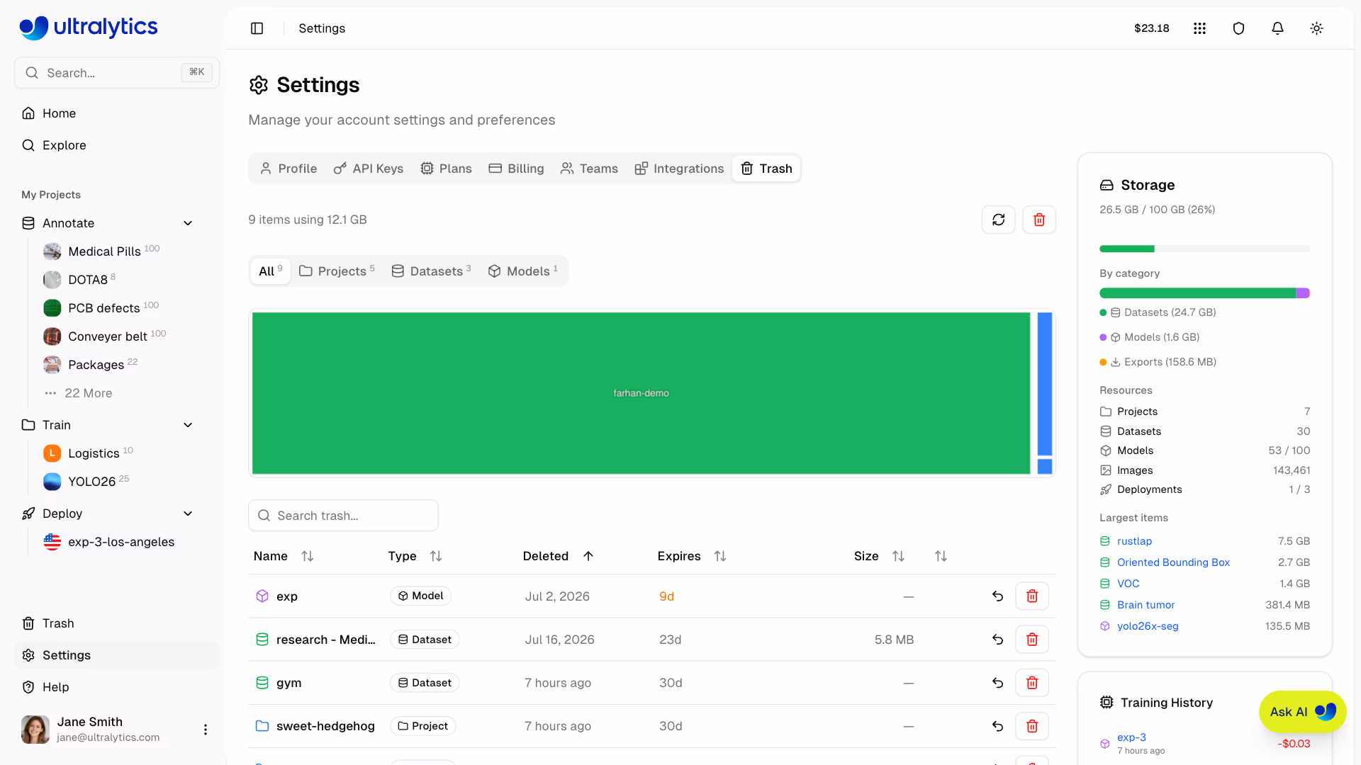 Ultralytics Platform Settings Trash Tab With Items And Storage Treemap