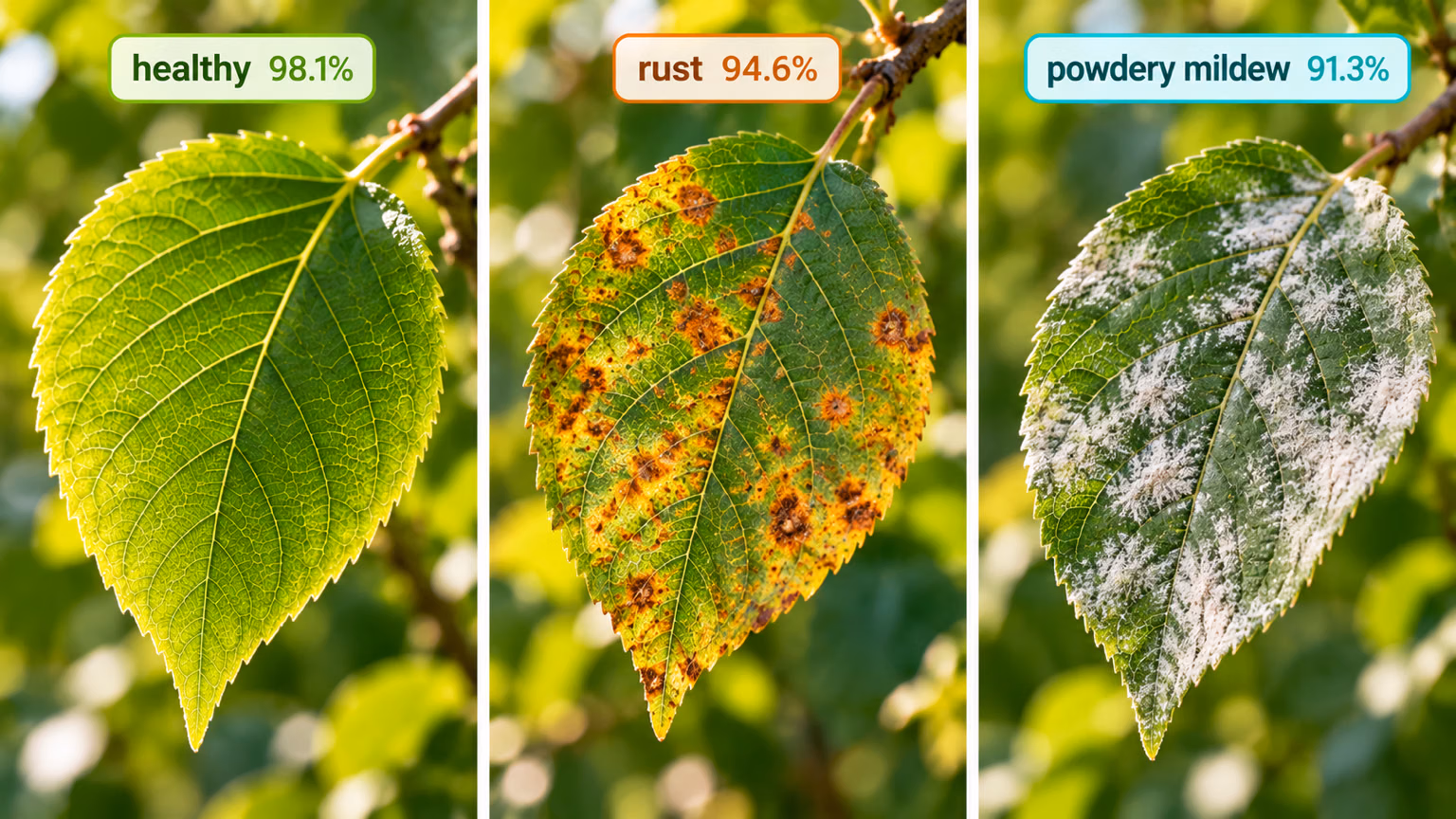Ultralytics YOLO image classification of three leaves labeled healthy, rust, and powdery mildew, each with its confidence