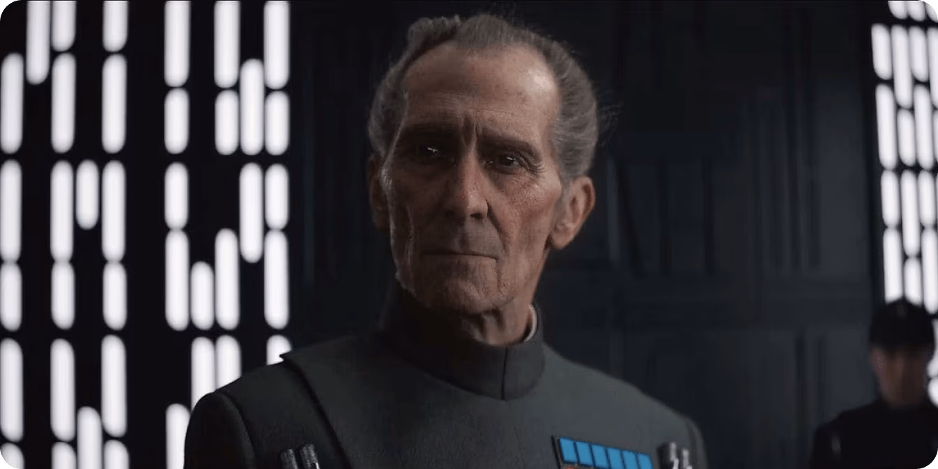 Grand Moff Tarkin creato utilizzando l'immagine del defunto attore Peter Cushing