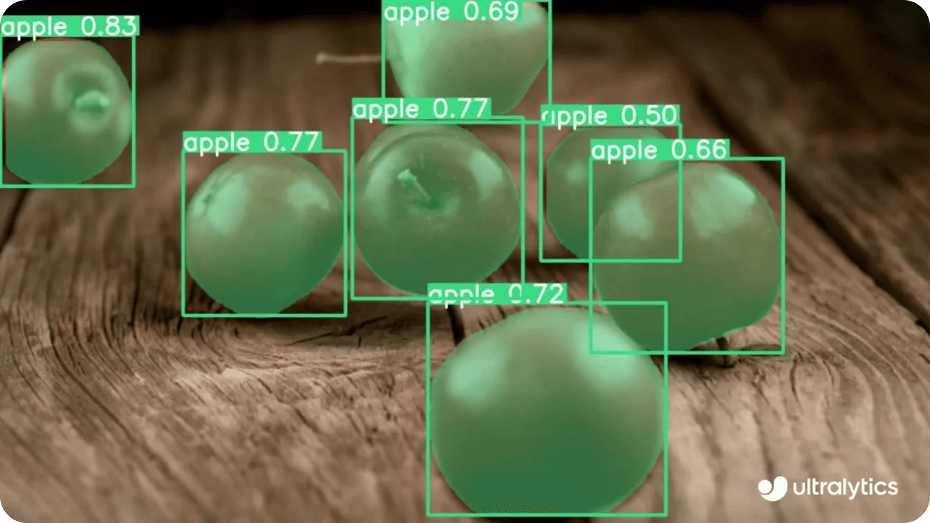Ultralytics YOLOv8 segmenting fruits in an image