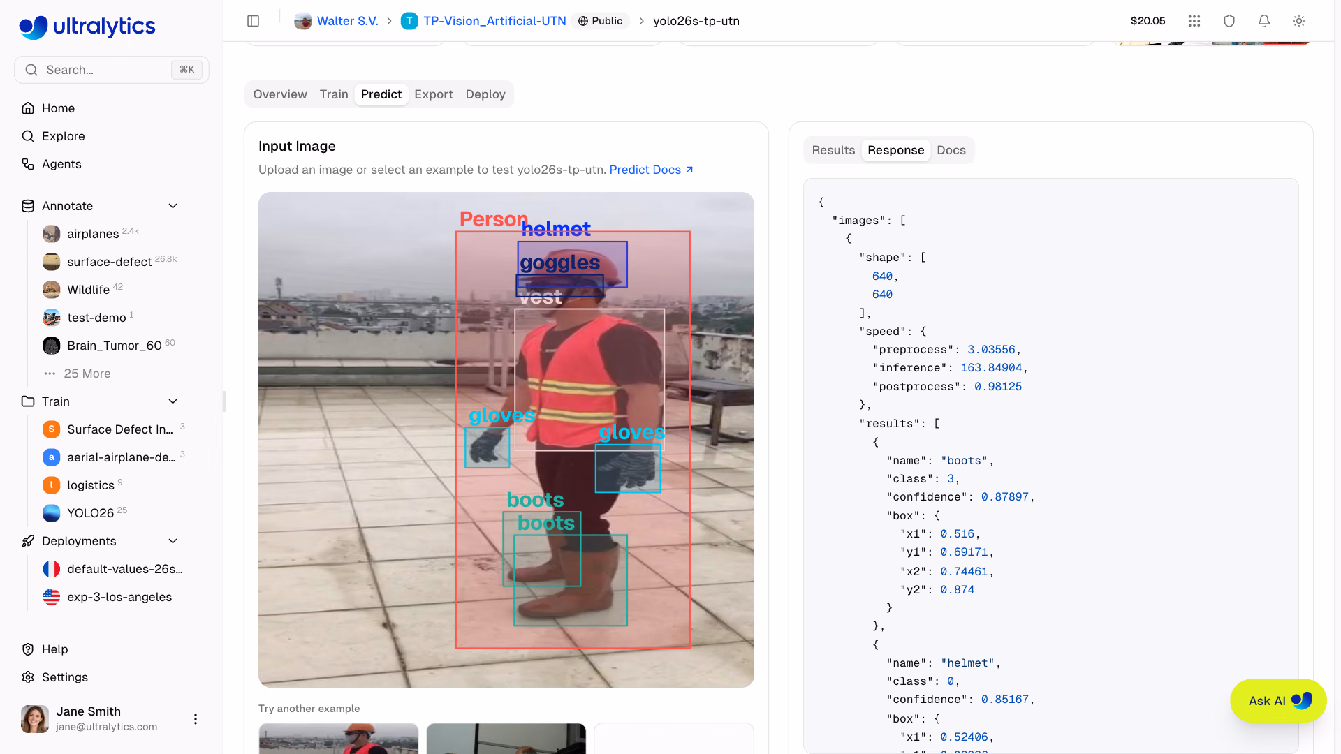 Ultralytics Platform Predict Tab Json Response View