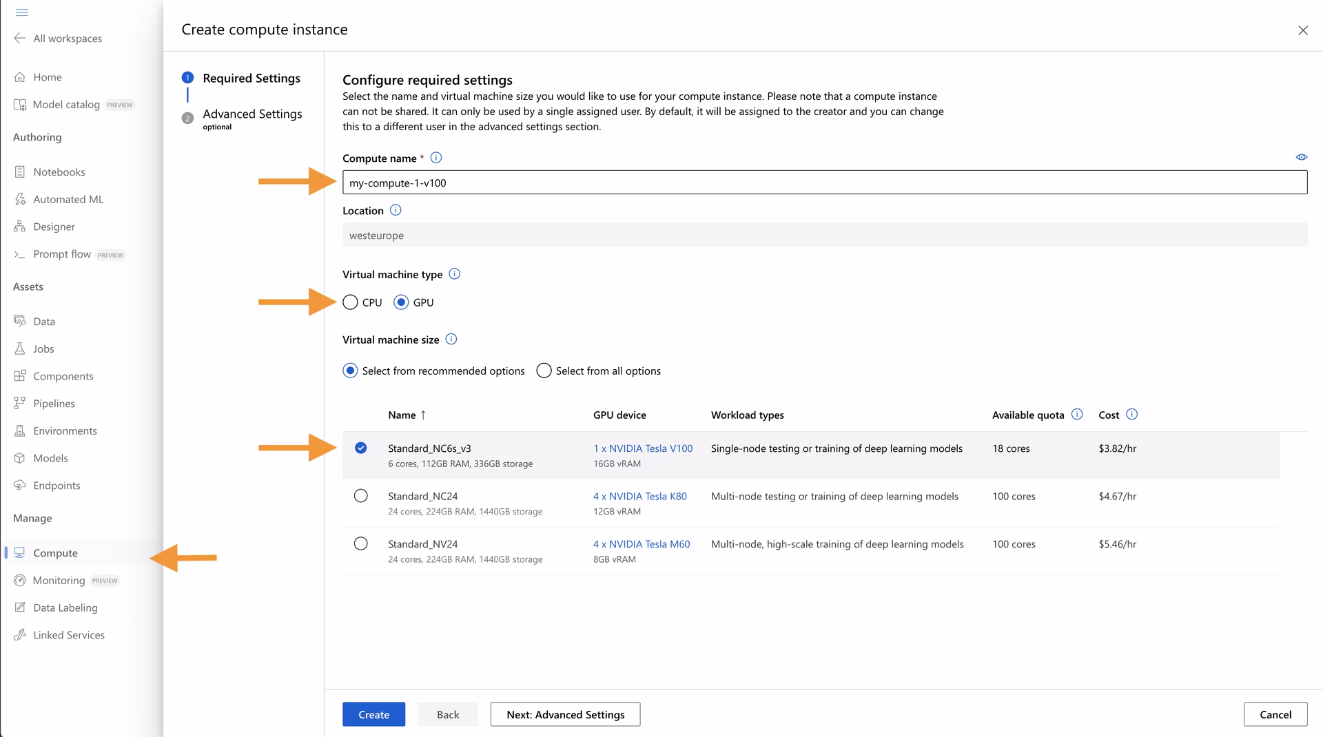 Create Azure Compute Instance