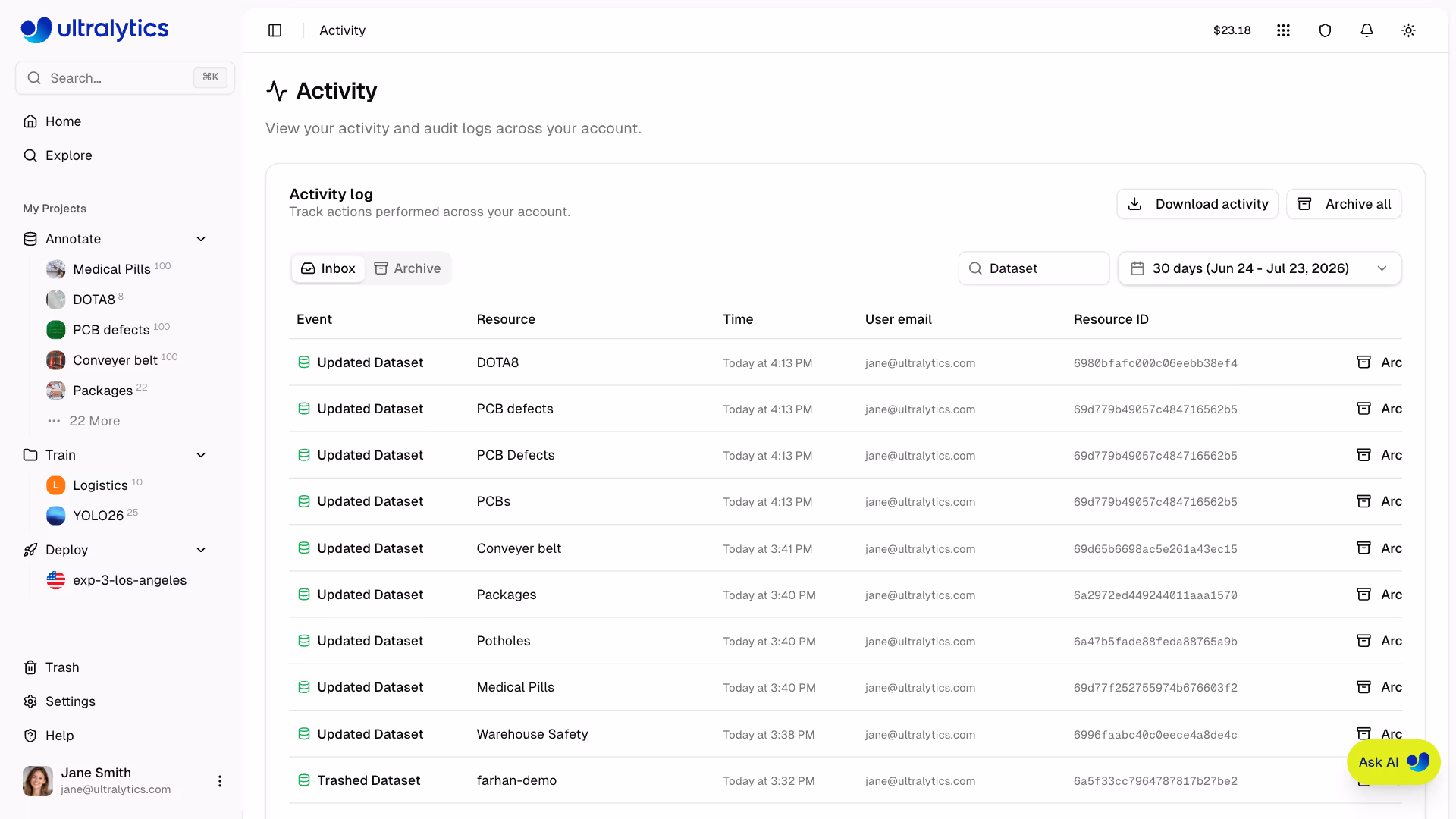 Ultralytics Platform Activity Page Inbox With Search And Date Filter