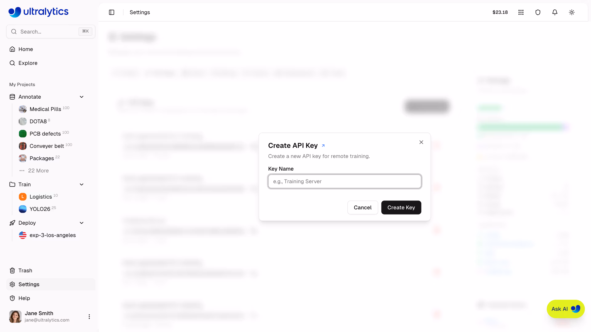 Ultralytics Platform Settings API Keys Tab Create API Key Dialog