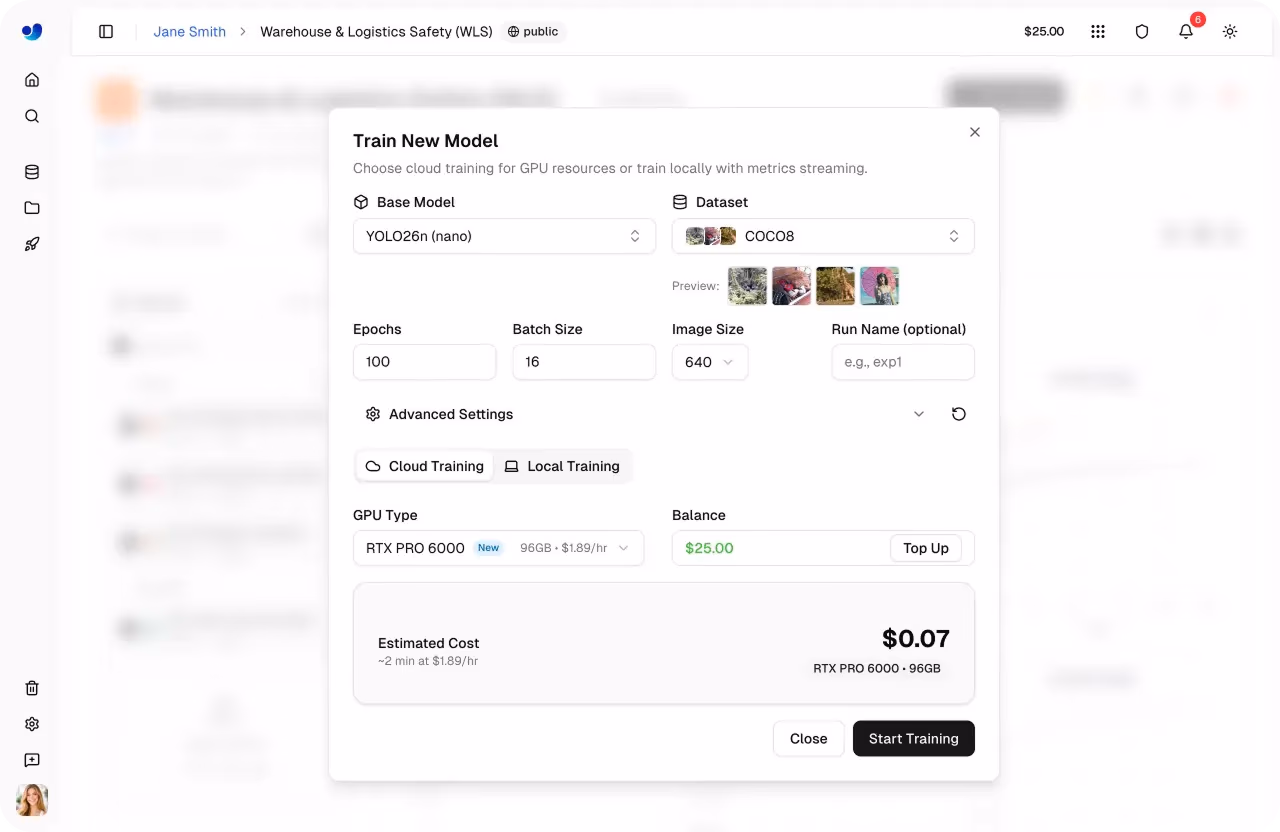 Setting up training and estimating cost within Ultralytics Platform