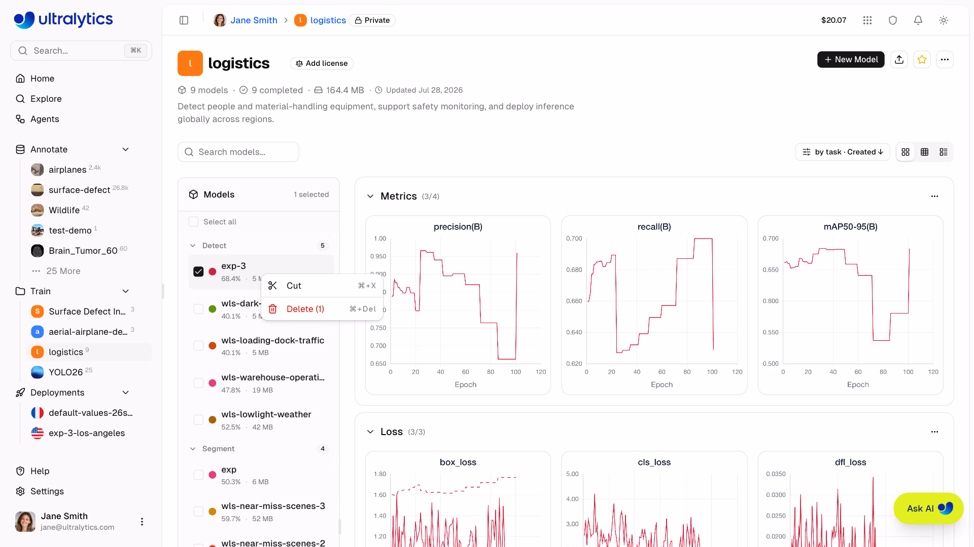 Ultralytics Platform Project Models Cut Context Menu