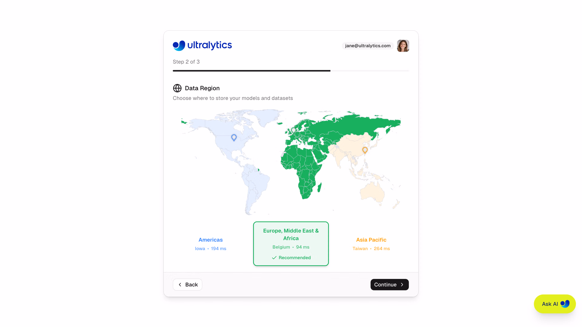 Ultralytics Platform onboarding Data Region step with a world map and three choices, Americas, Europe Middle East and Africa, and Asia Pacific, each with measured latency and Europe marked Recommended