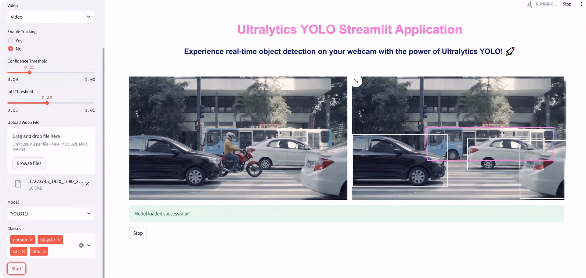 The Ultralytics YOLO Streamlit application interface