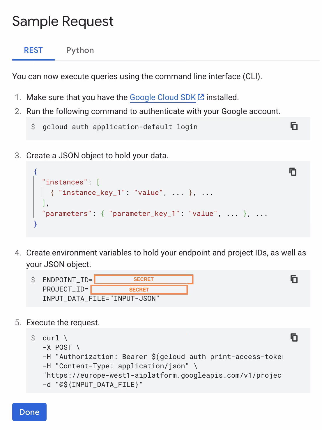 Vertex AI endpoint testing with cURL