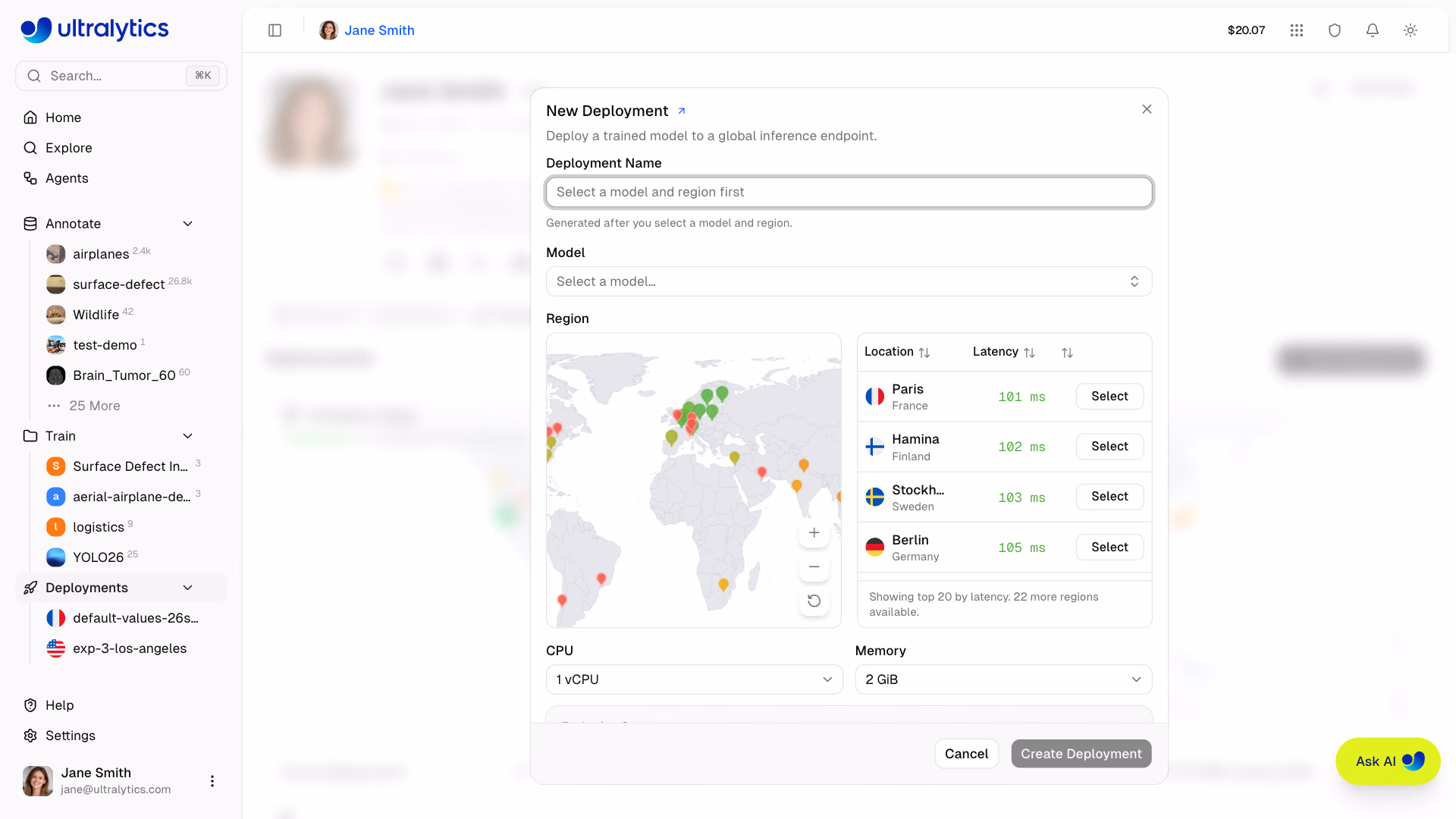 Ultralytics Platform New Deployment Dialog With Model Selector And Region Map