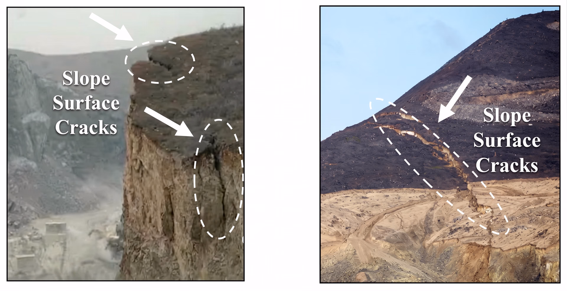 Examples of surface cracks on a slope