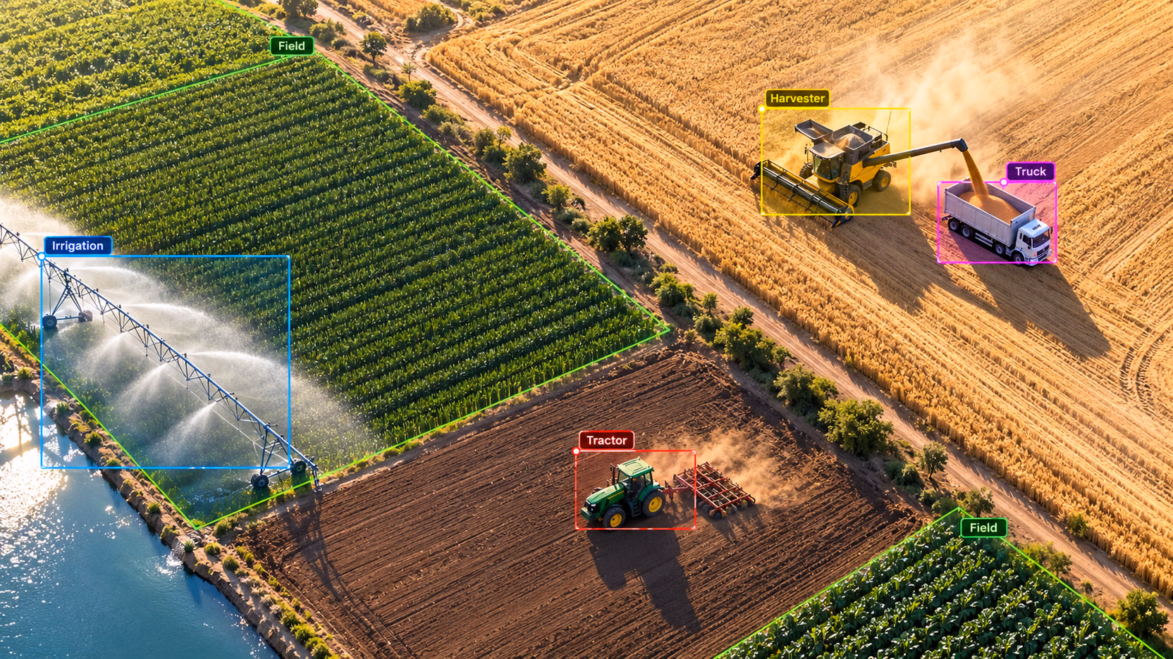 Vue aérienne de champs agricoles avec une moissonneuse-batteuse, un camion, un tracteur et du matériel d’irrigation, chacun dans une boîte de détection Ultralytics YOLO annotée