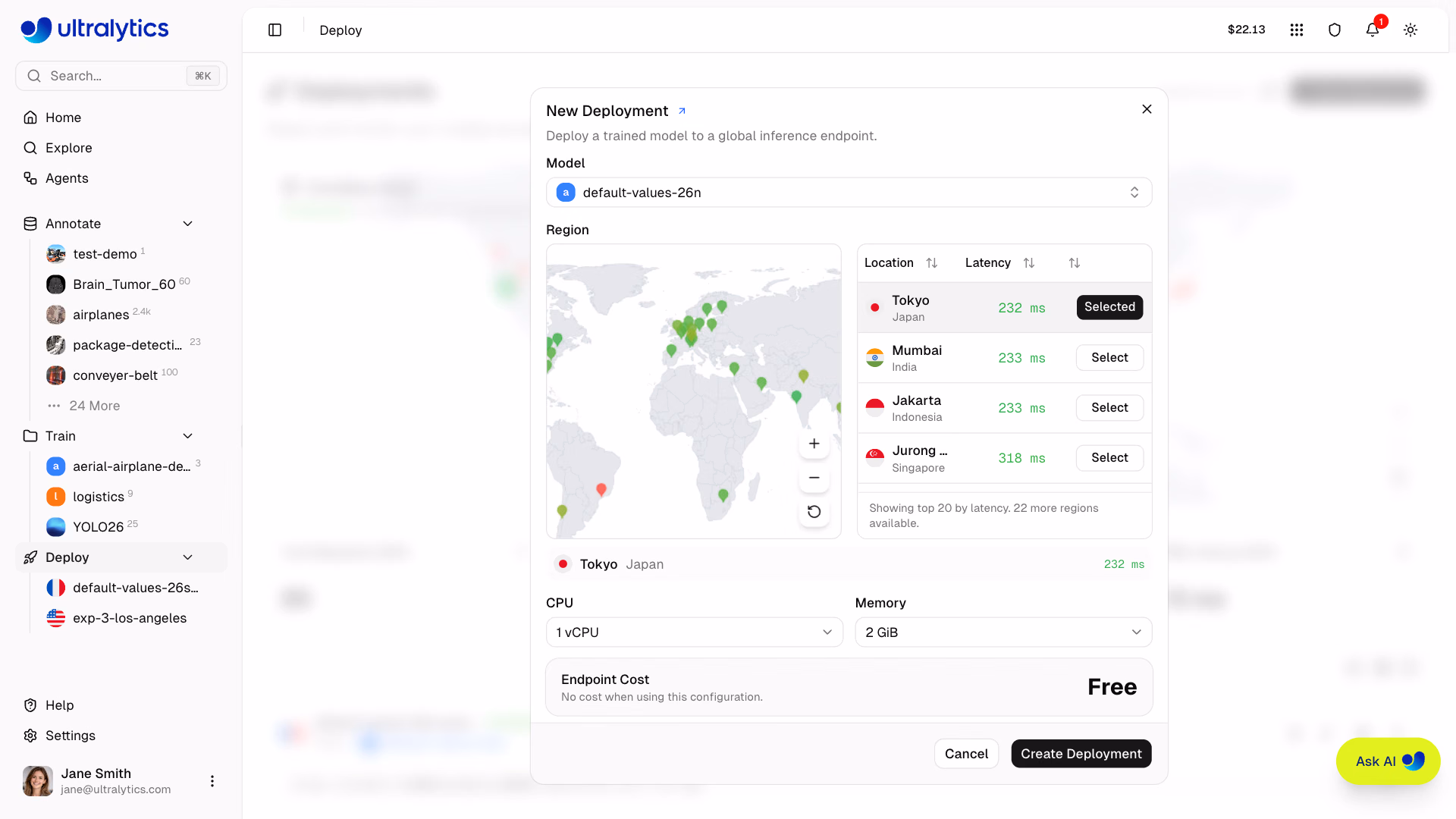 Model Seçici ve Bölge Haritasıyla Ultralytics Platform Yeni Dağıtım İletişim Kutusu