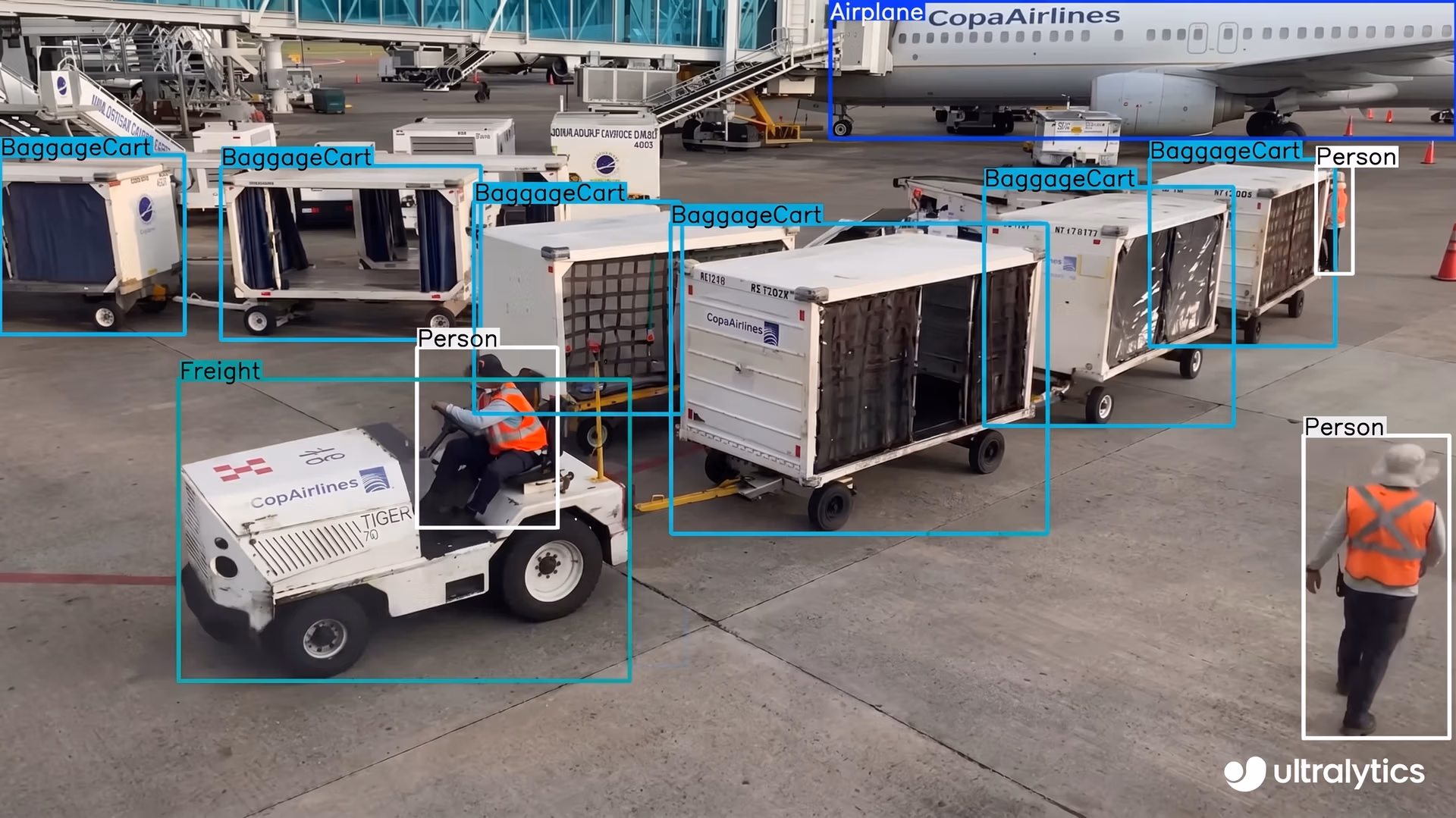 Detecting baggage carts, workers, and airplanes using Ultralytics YOLO11