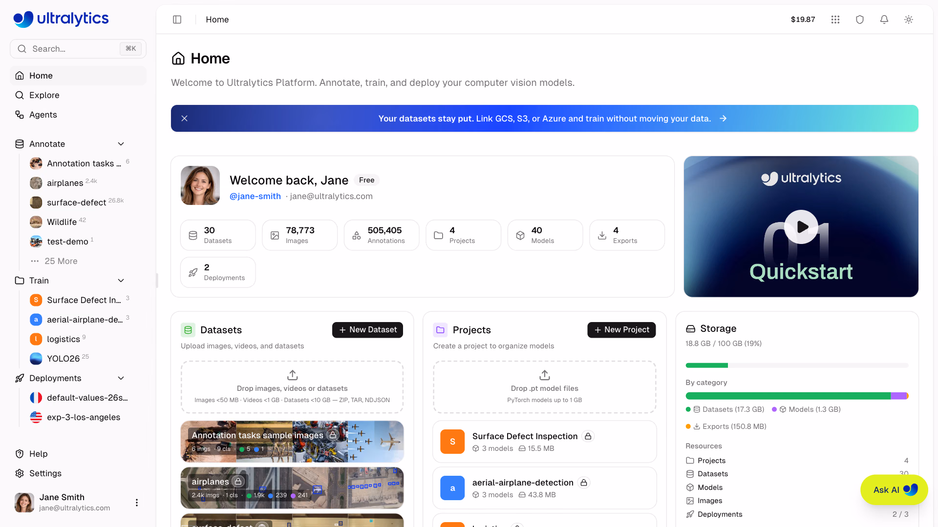Ultralytics Platform Ana Sayfa Kontrol Paneli Karşılama Kartı